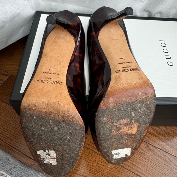 Jimmy Choo Tortoiseshell Patent Leather Peep Toe Heels - Picture 8 of 8